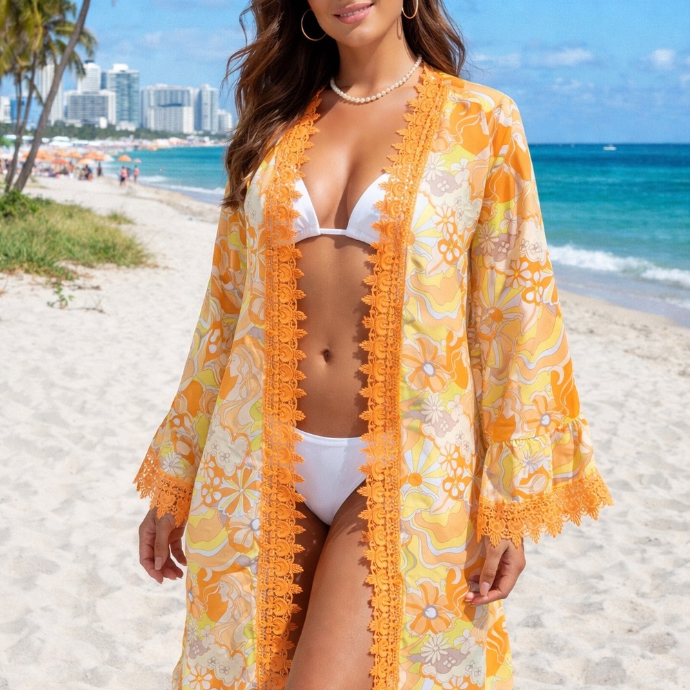 NO COMMENT Orange Lace-Trimmed Chiffon Long Line Swim Coverup, M